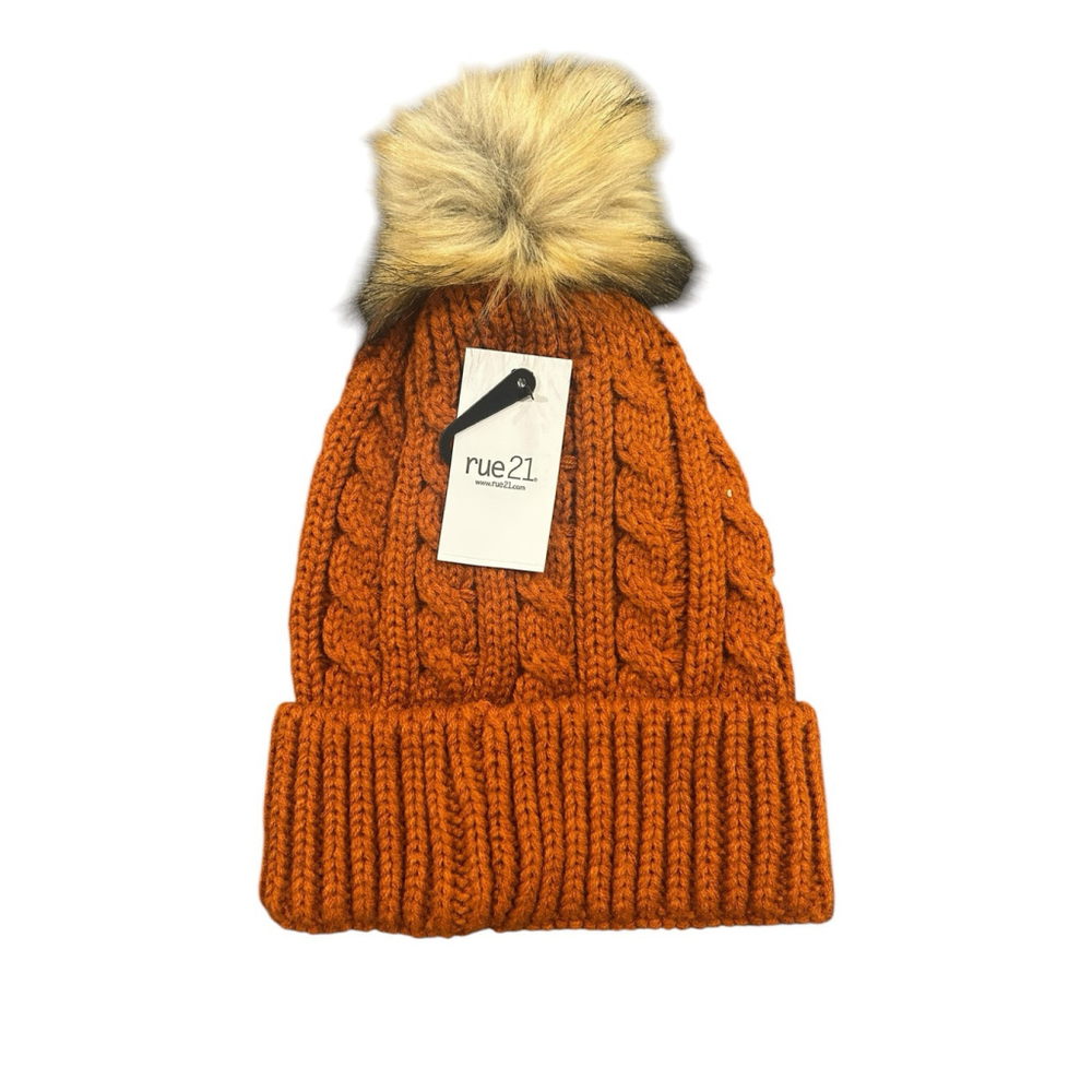 Rue 21 Womens Burnt Orange Beanie Hat Cable Knit Pom